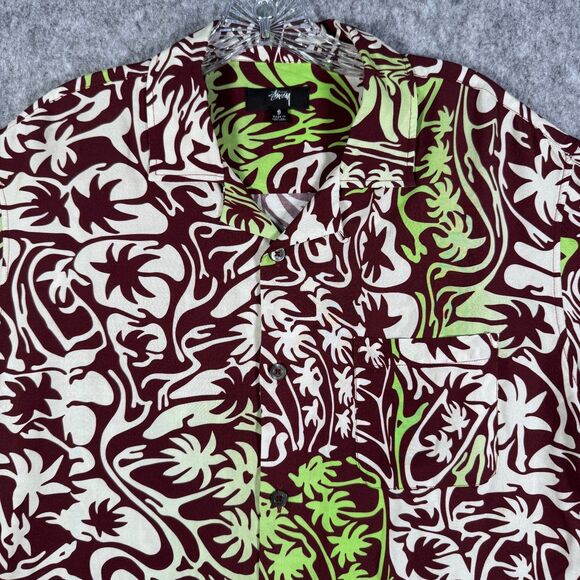 Stussy Shirt Mens Size Small Brown Green Short Sleeve Hawaiian Viscose Tribal - Picture 1 of 13